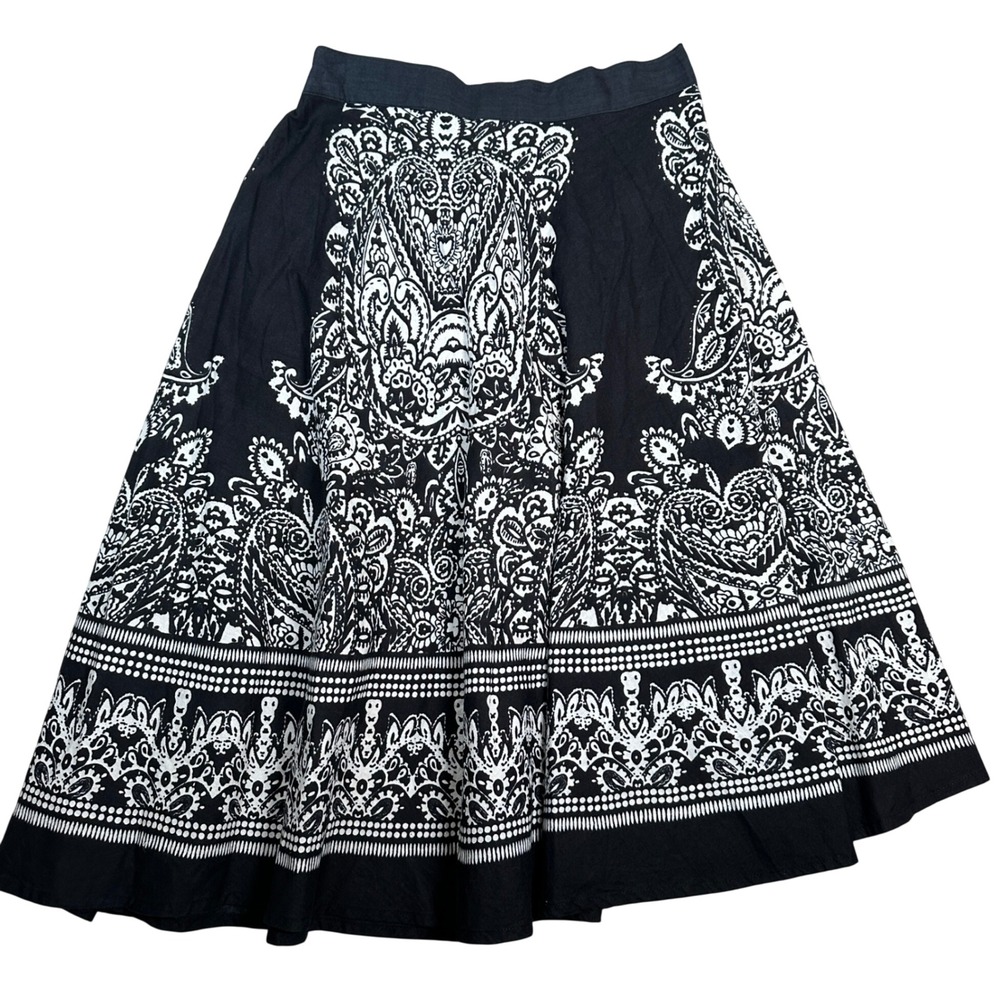 SW Studio West Black White Paisley Cotton Midi Skirt Womens Medium Boho India